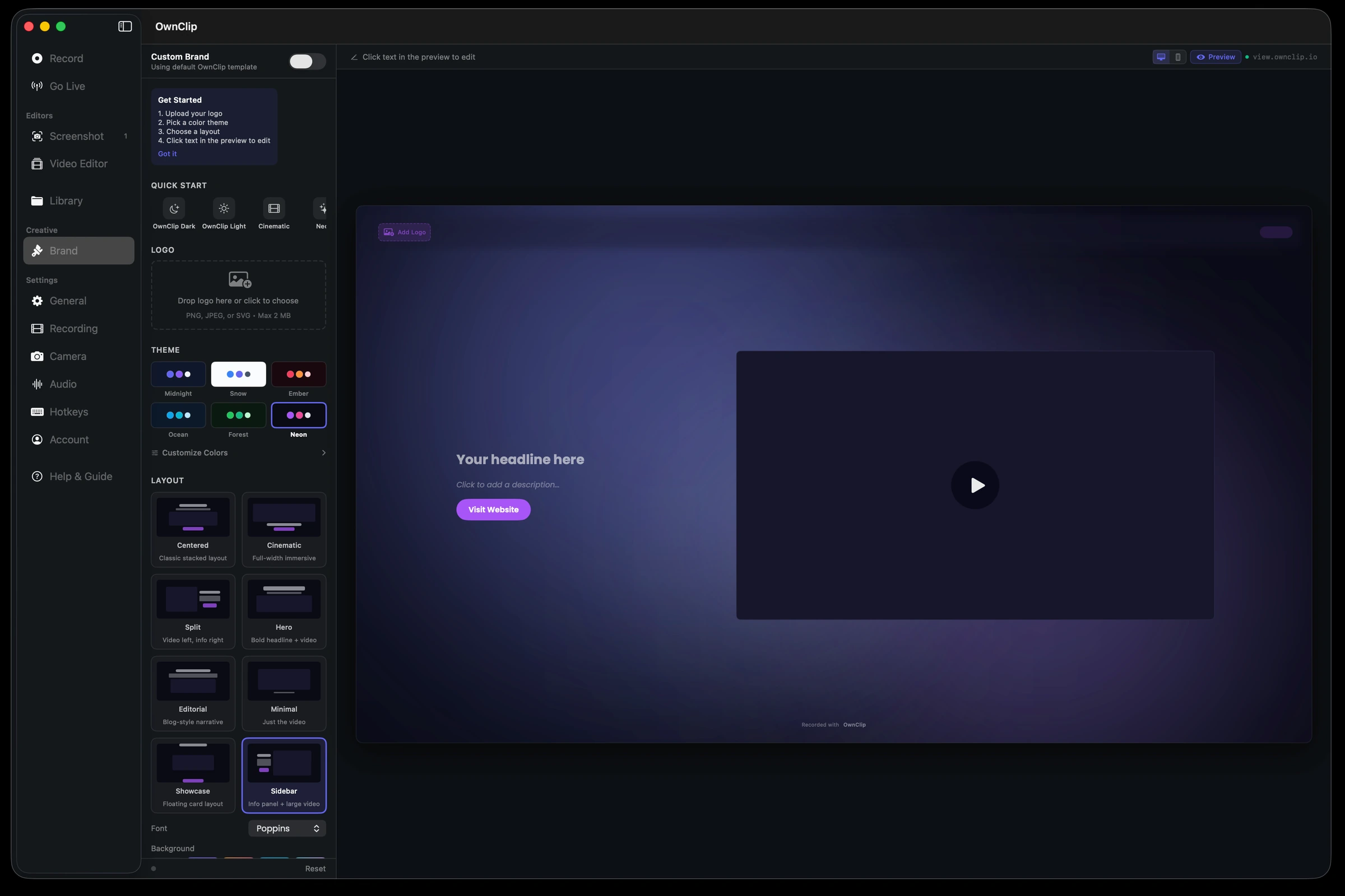 OwnClip Brand Studio with theme presets and live preview