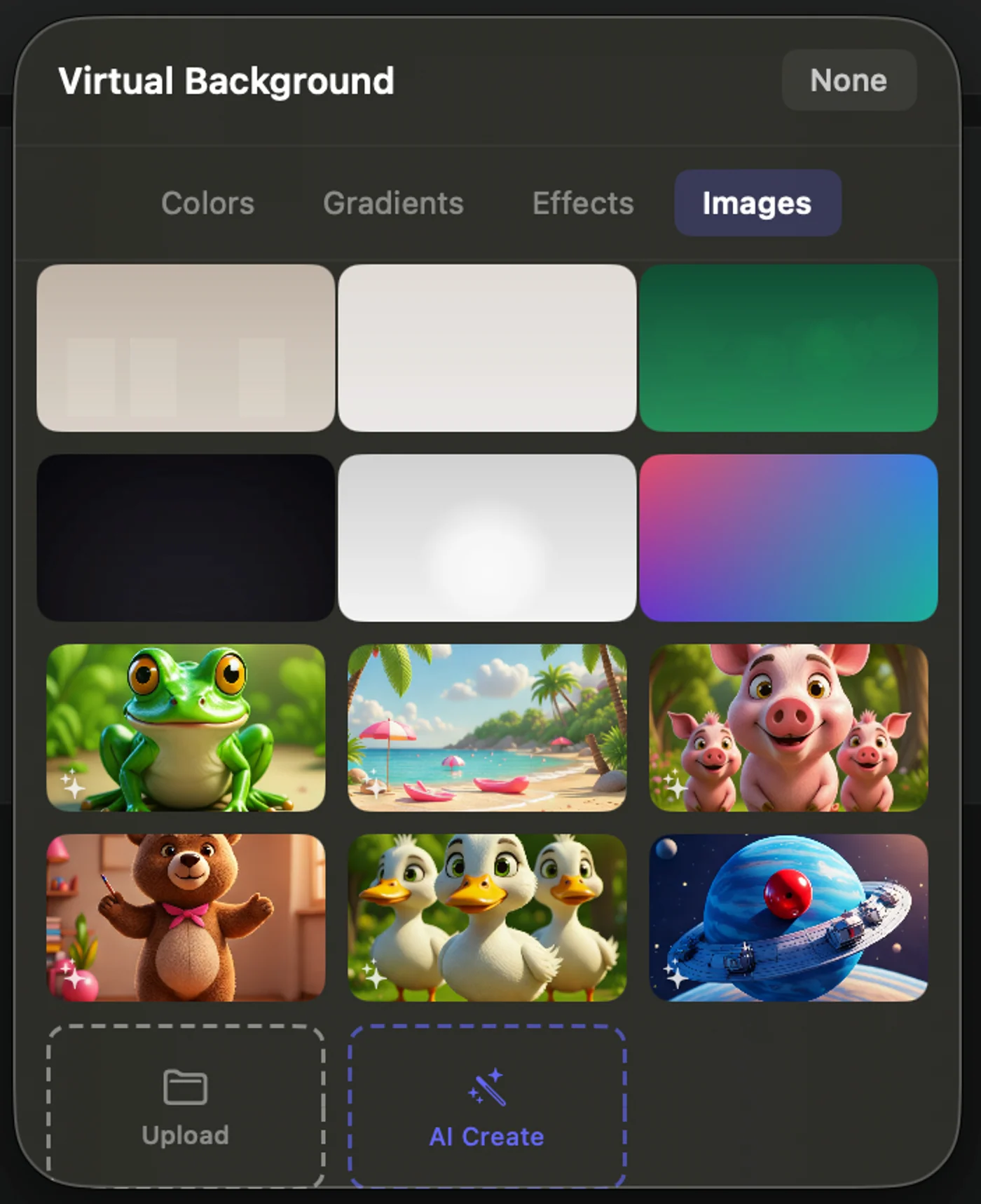 OwnClip camera AI panel with background and effect presets