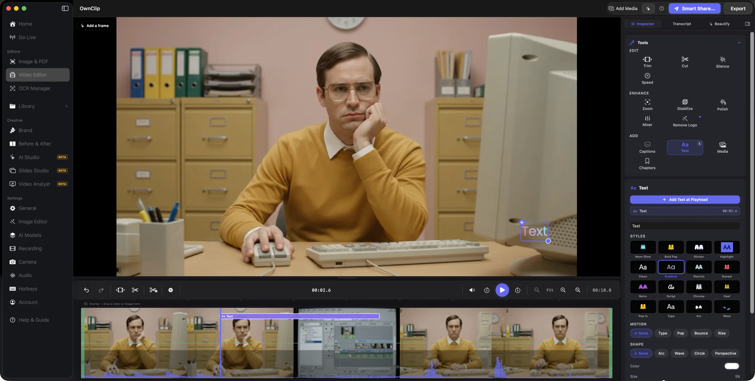 OwnClip video editor with trim, silence removal, zoom, and on-video text tools