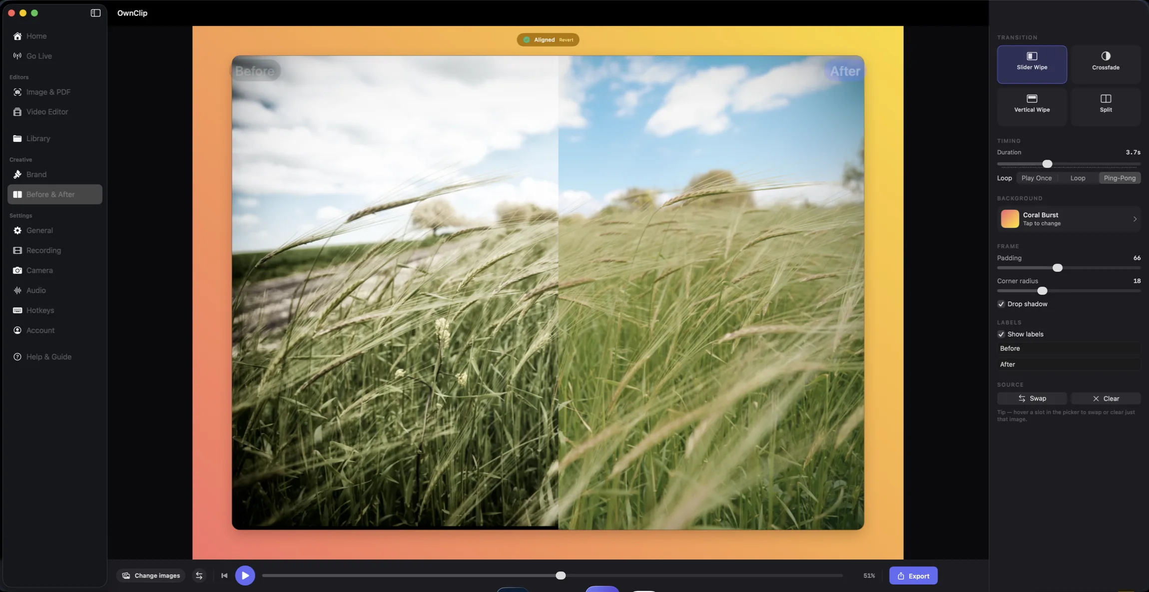 OwnClip's Before & After editor turning two versions of a photo into a framed comparison, with slide, wipe and crossfade transition controls